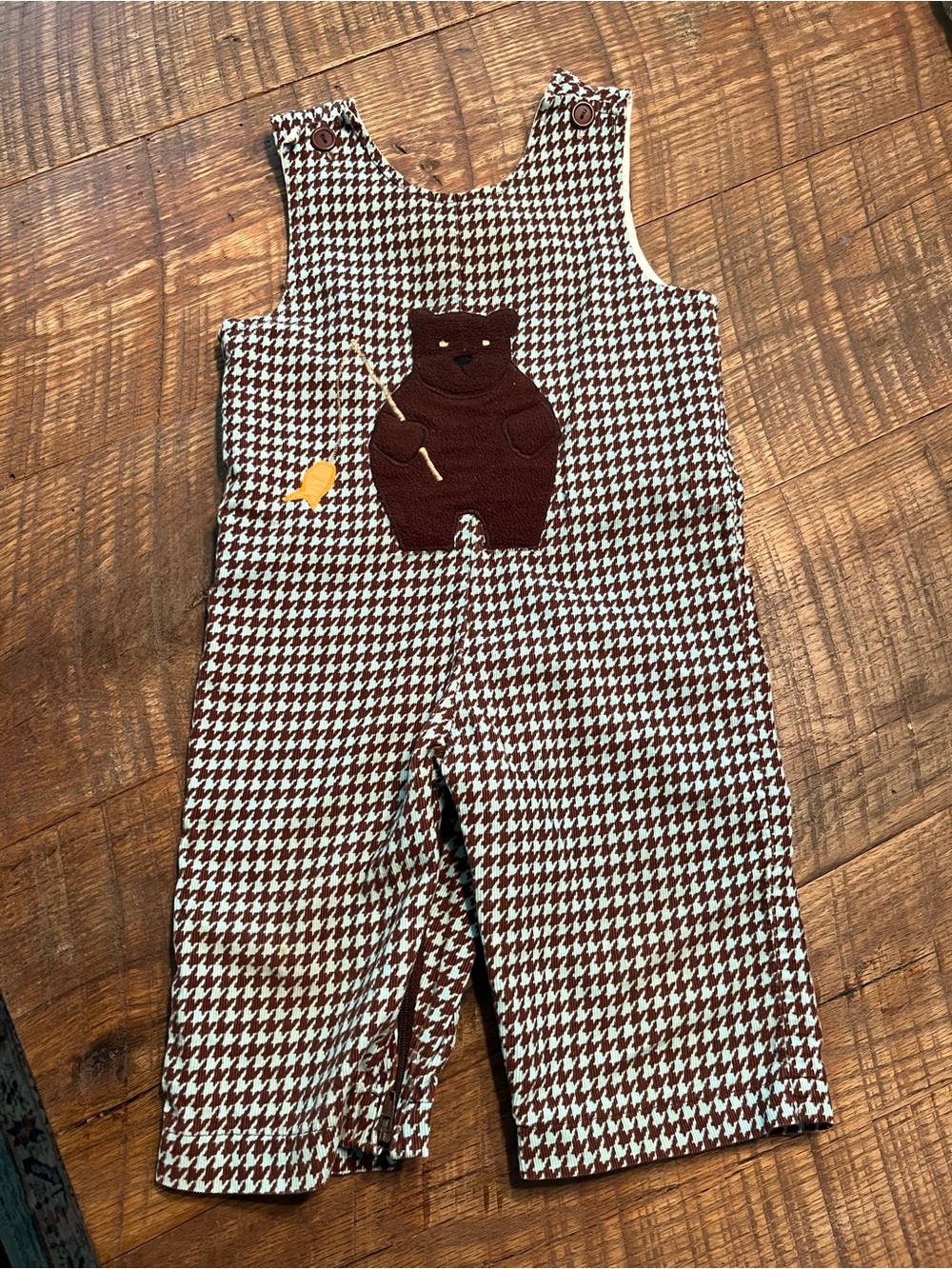 Brown & White Houndstooth Baby Overalls with Bear Appliqué
